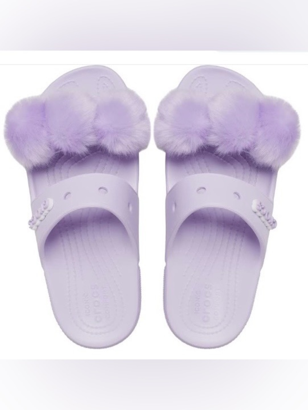 CROCS Lilac Classic Slides with Sofft Fluffy Pom Jibbitz - Size 11 - EUC!